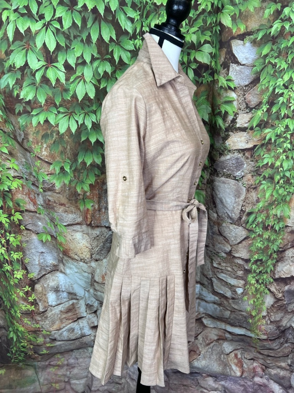SHARAGANO Minimalist Luxury Designer Tan Shirtdress with Pleated Skirt, 4 - Picture 9 of 11